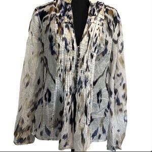 Elie Tahari tan/navy abstract print silk-blend v-neck blouse size large